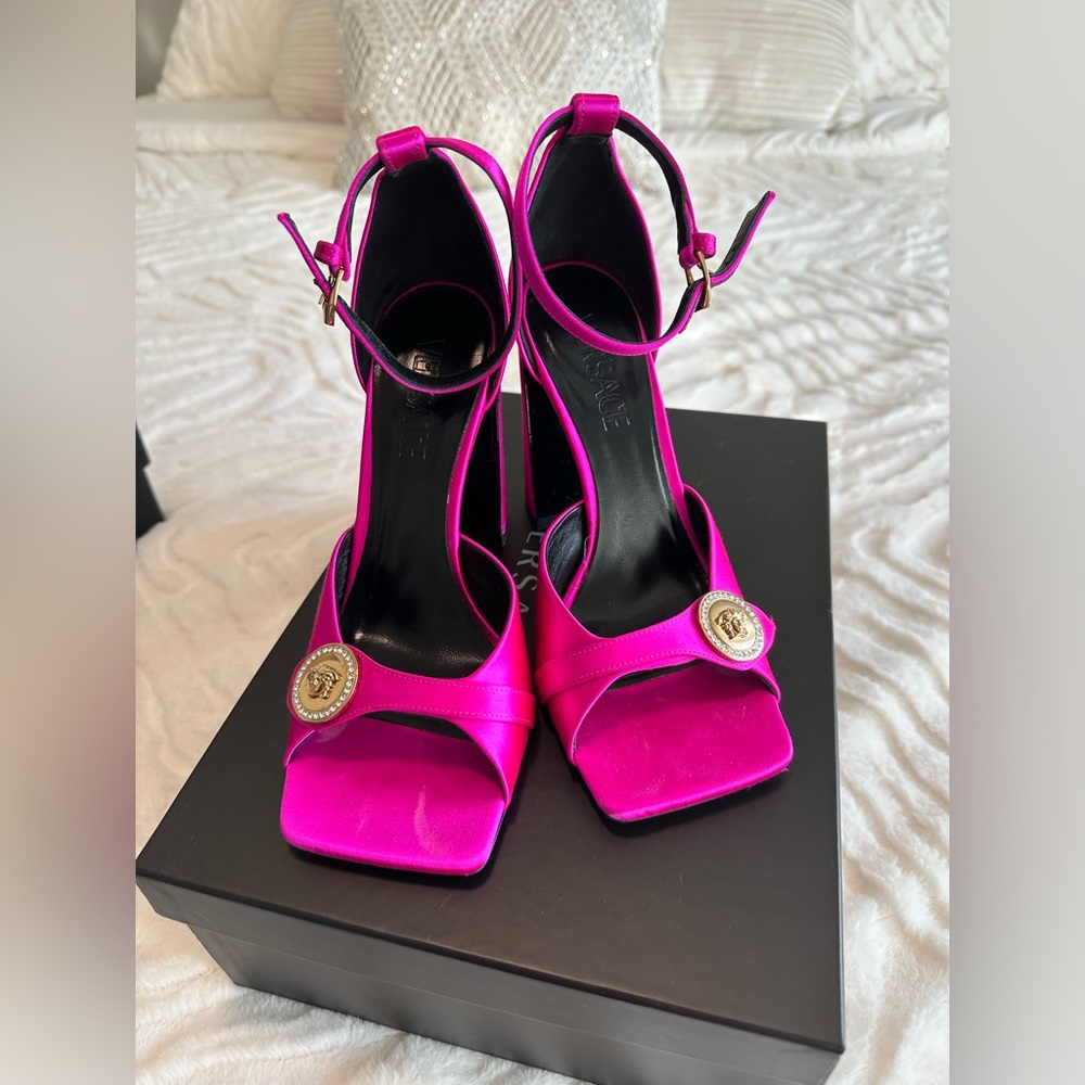 Authentic Versace Medusa Coin Satin Ankle-Strap